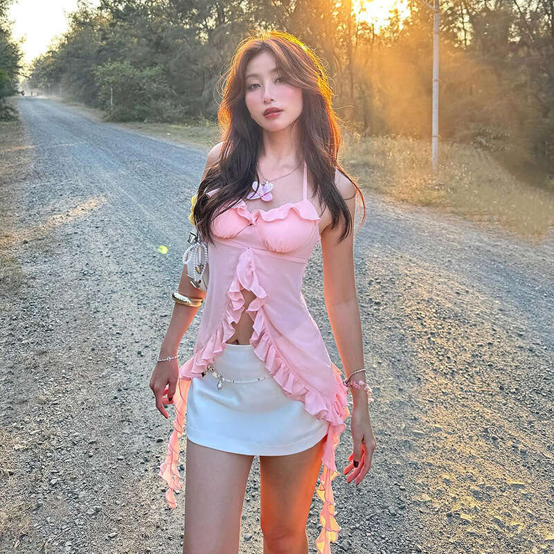 2025 Summer New Halter Neck Waist-Cinching Sleeveless Versatile Crop Elegant Slim Fit Small Ribbon Top for Women 92b