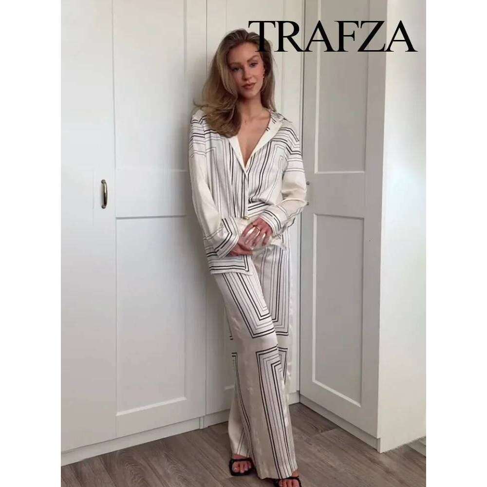 Designer Leisure High Quality TRAFZA 2025 Women Trouser Suit Turn-down Collar Sleeve Single-breasted Slim Print Shirt+High Waist Zipper Loose Long Pan