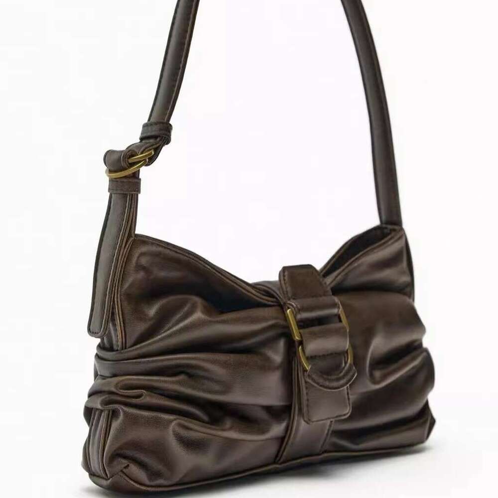 Leather Bag Bucket Bag Tote Bag ZR Home Style Trend Coffee Color Buckle Decor Underarm For Women High End Fashion Pleated Shoulder Bag