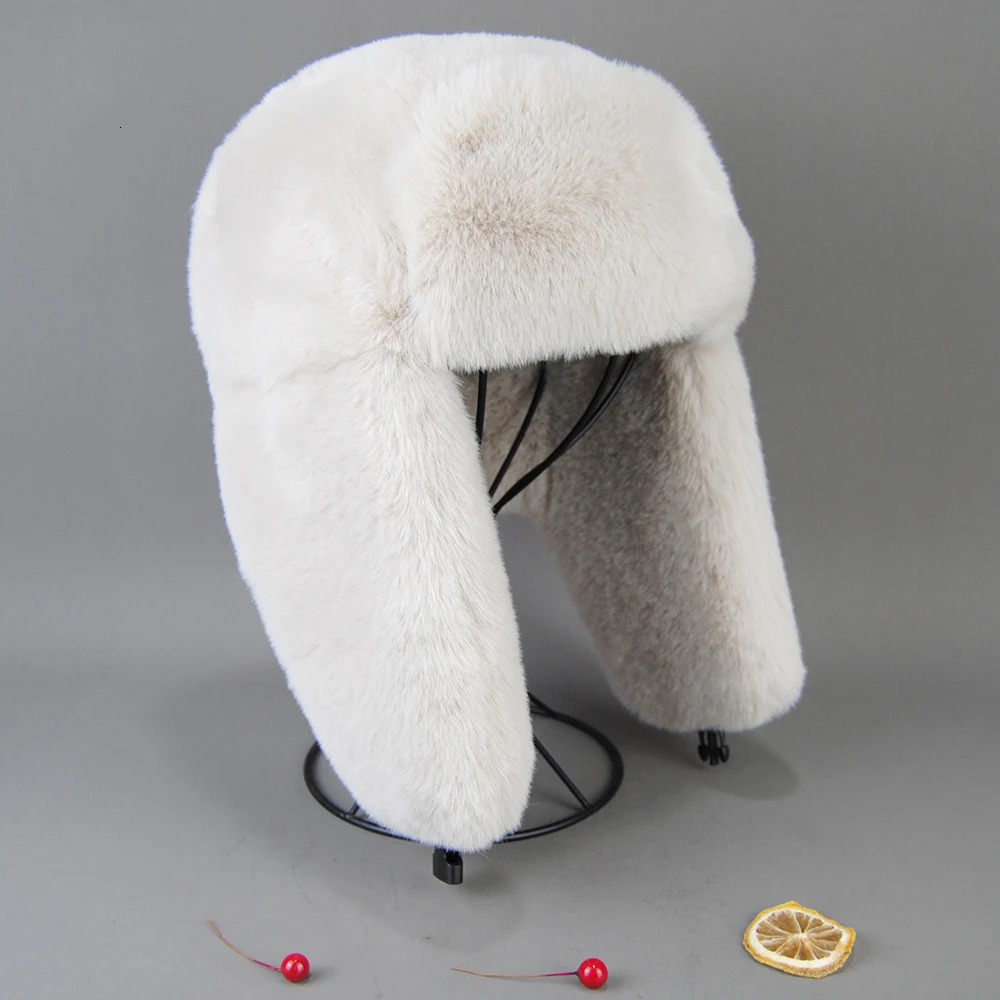 Winter Russian Man Woman White Skin Faux Rex Rabbit Fur Hats Faux Rex Rabbit Fur Cap Unisex Faux Fur Bomber Hat 250724