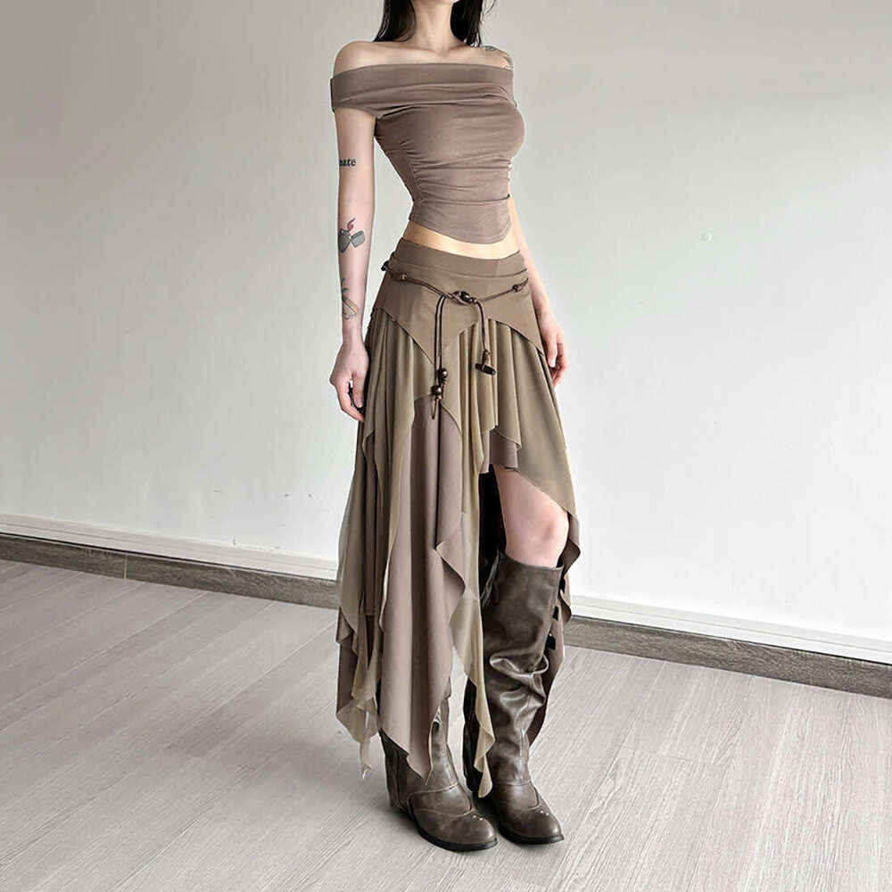 2025 Summer New Hot Girl Style Slit Irregular Elegant High Waist Slim Fit Versatile Midi Skirt for Women cd1