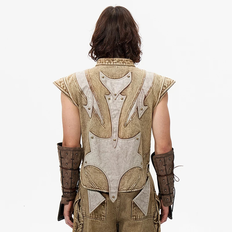 FEWQ PU Leather Splicing Sleevless Male Denim Vest Contrast Color Stand Collar Washing Summer Loose Mens Coats Niche 24K4262 250725