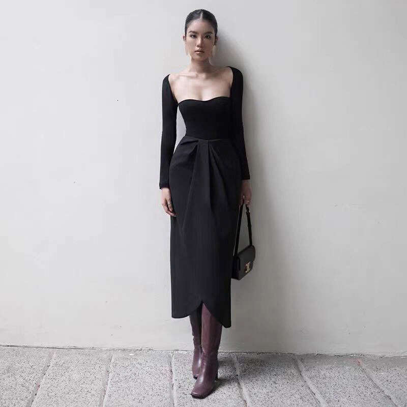 Women's Clothing 2024 Autumn Winter New Solid Color Sexy Long Sleeve Square Neck High Waist Dress for Women 315