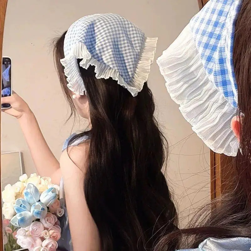 Summer Lace Triangle Headscarf Woman Headwear Colorful Plaid Triangular Hair Scarf Headband Hair Accessories Sweet Turban Cap 250723