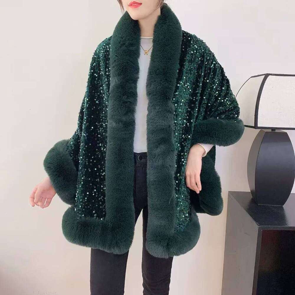 Designer Clothing 2025 12 Colors Women Long Faux Rabbit Fur Sequin Fabric Cape Winter Poncho Warm Thick Loose Shawl Outer Wear Wedding Party Wraps