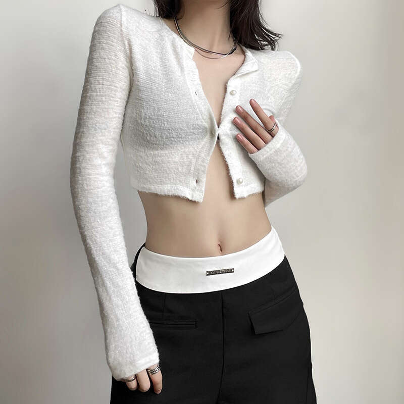2023 Spring New Women's Fashion Solid Color Slim Fit Crop Top Round Neck Long Sleeve Cardigan T-Shirt f0f