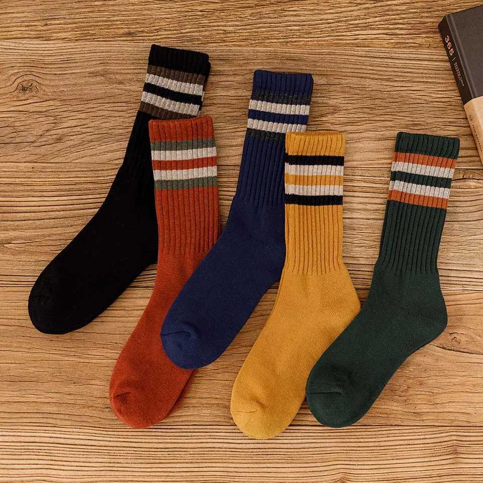 5 Pairs of Winter Mens Cotton Tube Socks Harajuku Retro Thick Warm Striped Plus Size Long Terry Socks X250725