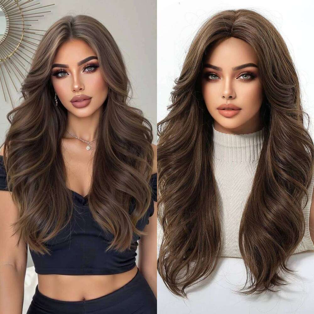 Allbell Magique Natural Brown Synthetic For Women Daily Party Long Wavy Curly Layered Heat Resistant Middle Part Wigs