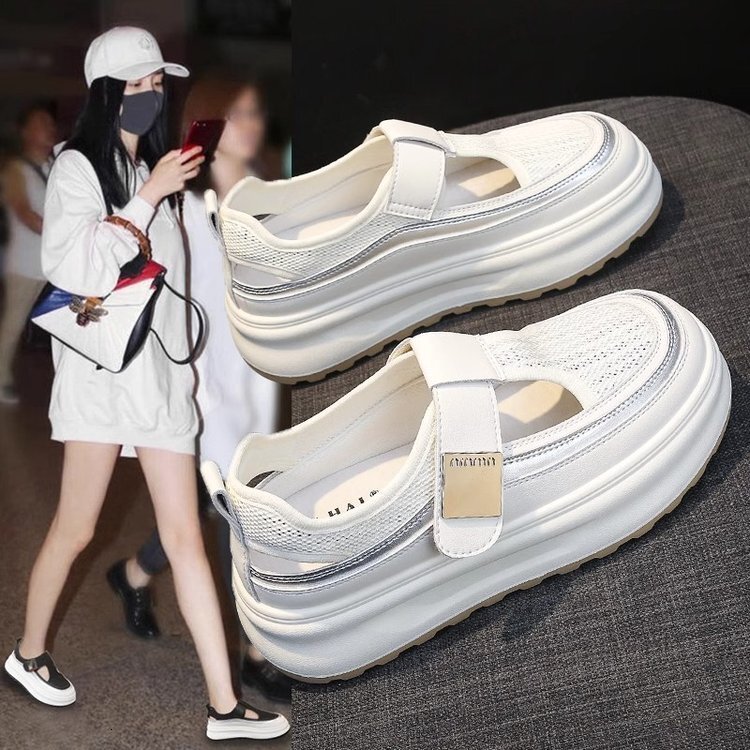 Thick Sole Hollow Breathable White Sneakers for Women 2025 Summer New Versatile Casual Velcro Closed Toe Sandals ddmythur