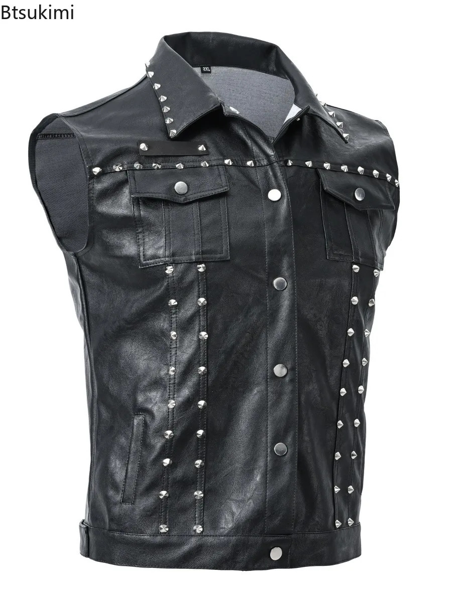 2025 Mens Punk Style Leather Vest Vintage Black Sleeveless Motorcycle Waistcoat with Rivets Fashion High Street PU Jackets Male 250725