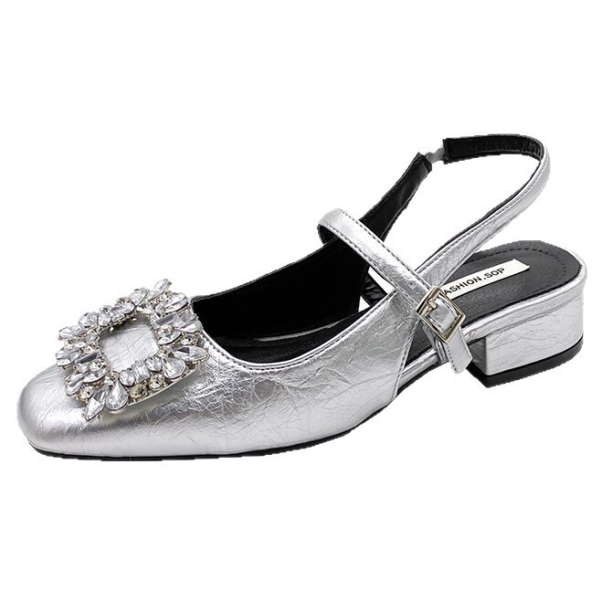 Ddmysports Slip On Rhinestone Mary Jane For Women Spring Summer New Chunky Low Heel Square Toe Evening Style Shallow Mouth Single Shoes Outdoor Shoes