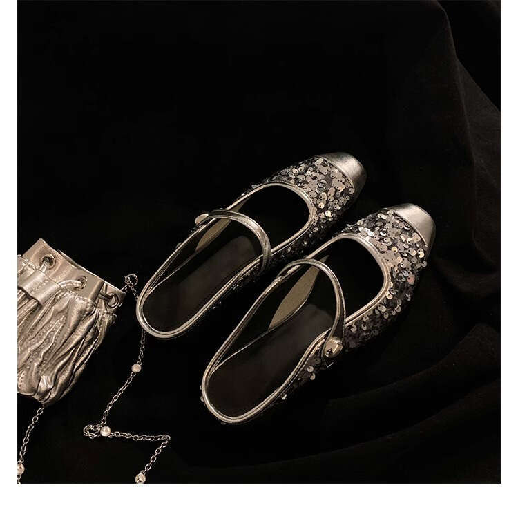 Designer Shiny Sequin Sandals for Women, Chunky Heel Single 2024 Spring Fashion Shoes, Huizhou Women's Mules