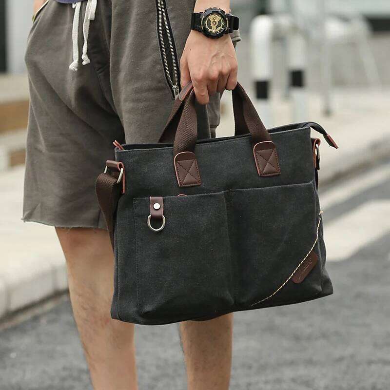 Canvas Men Handbag 14 inch Laptop Briefcase Vintage Solid Color Shoulder Bag Large Capacity Business Retro Messenger Bags OLOEY