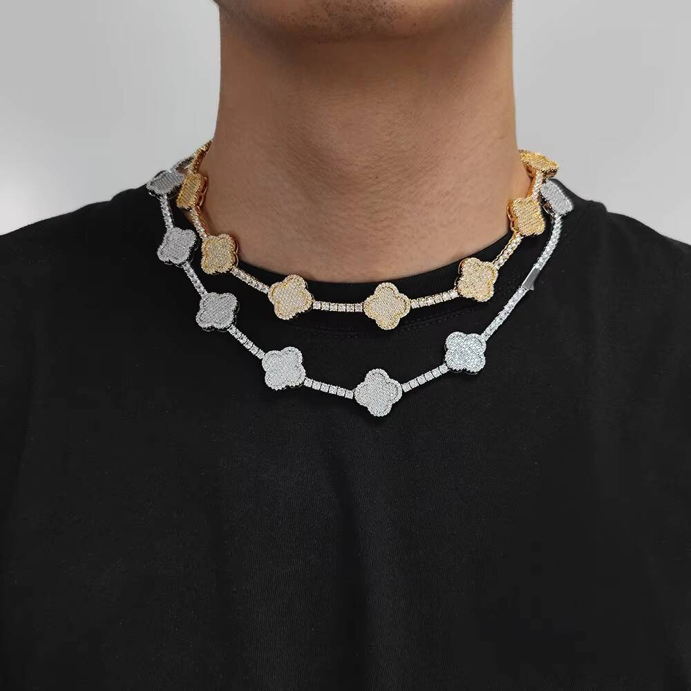 New Style Gold Silver Micro Pave Shiny Zircon Tennis Chain for Women Iced Out Diamond Four-leaf Clover Tennis Chain Necklace