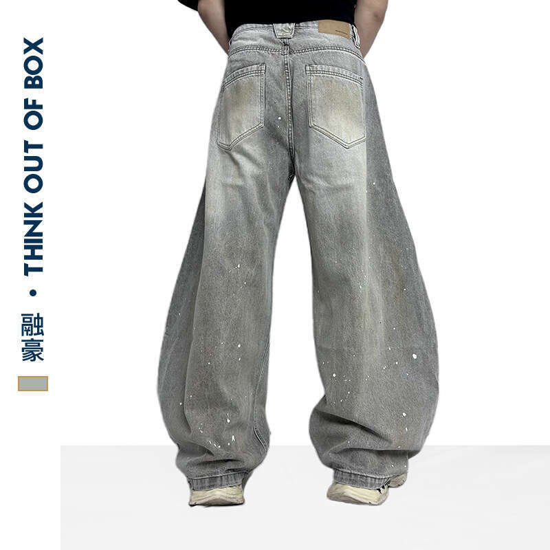 Summer New High Street Ink Splash Dye Distressed Scimitar Jeans Long Unique Design Unisex Wide Leg Casual Pants