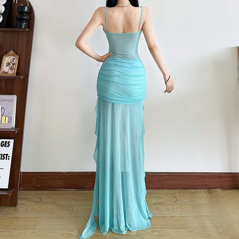 2025 Summer New Women's Solid Color Sexy Strap Mesh Bodycon Dress 9c9