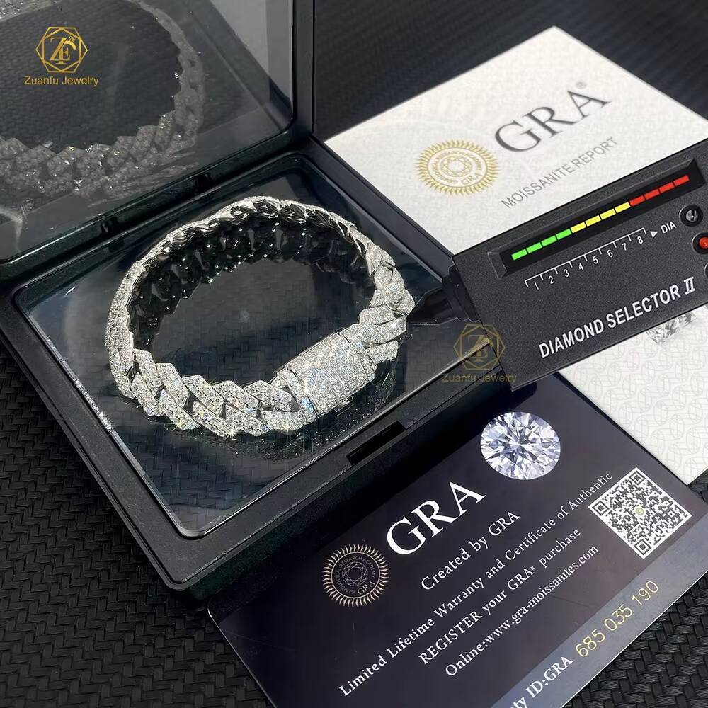 Wholesale Custom 8 10 12 mm 925 Sterling Silver Hiphop Jewelry Iced Out Diamond Moissanite Mossanite Cuban Bracelet