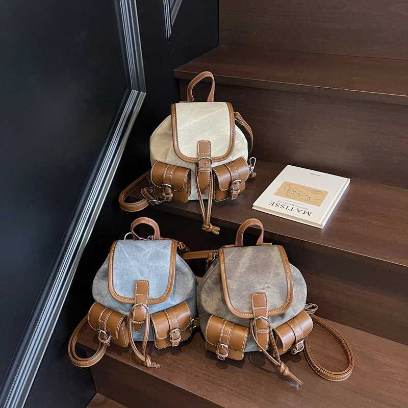 2025 New Luxury Korean Vintage Backpack Student School Bag with Wens Pu Leather Small Double Pockets Backpacks Y250724