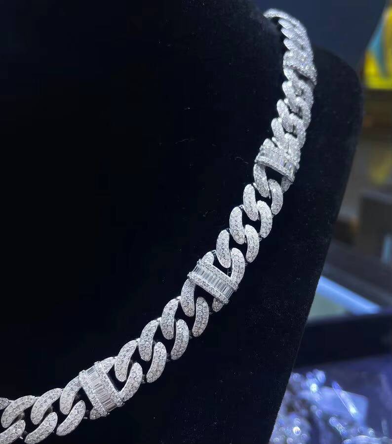 High Quality Iced Out Cuban Link Chain with Baguette Round Cut Moissanite Diamonds Hip Hop Moissanite Chain for Men And Women