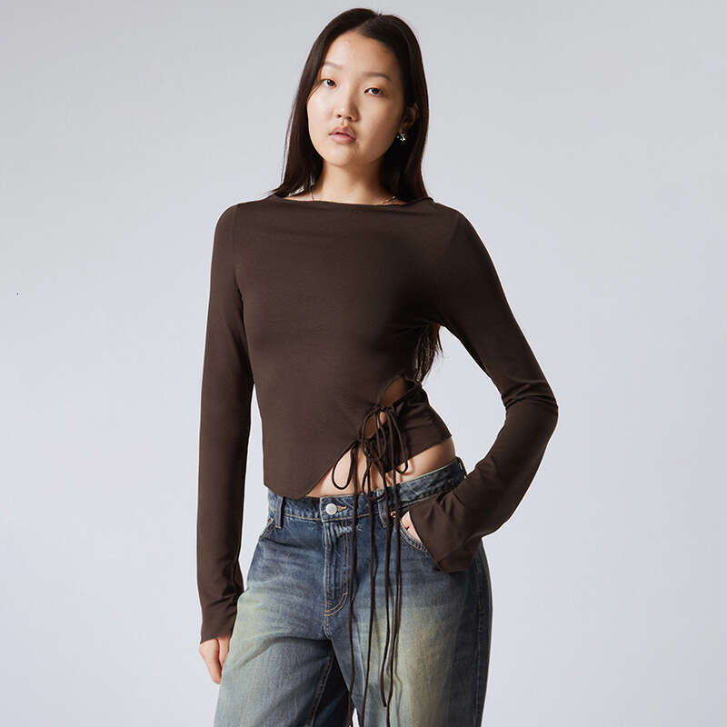 Ytp222 Women's Summer New Pullover Ruffled Solid Color Side Tie T-Shirt Top B5