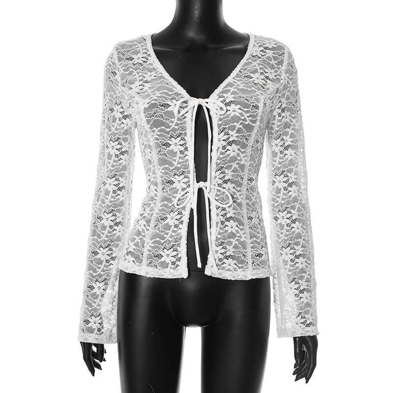 Y25tp1 Women's Summer New Solid Color Lace-Up Sexy Long Sleeve Blouse Top B5