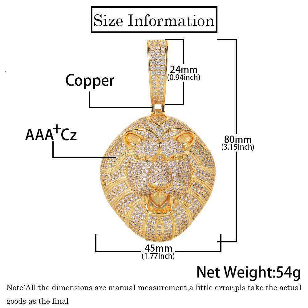 2023 Hip Hop Jewelry Lion Head Charm Moissanite Dia Copper Gold Plating Iced Out Necklace Pendant