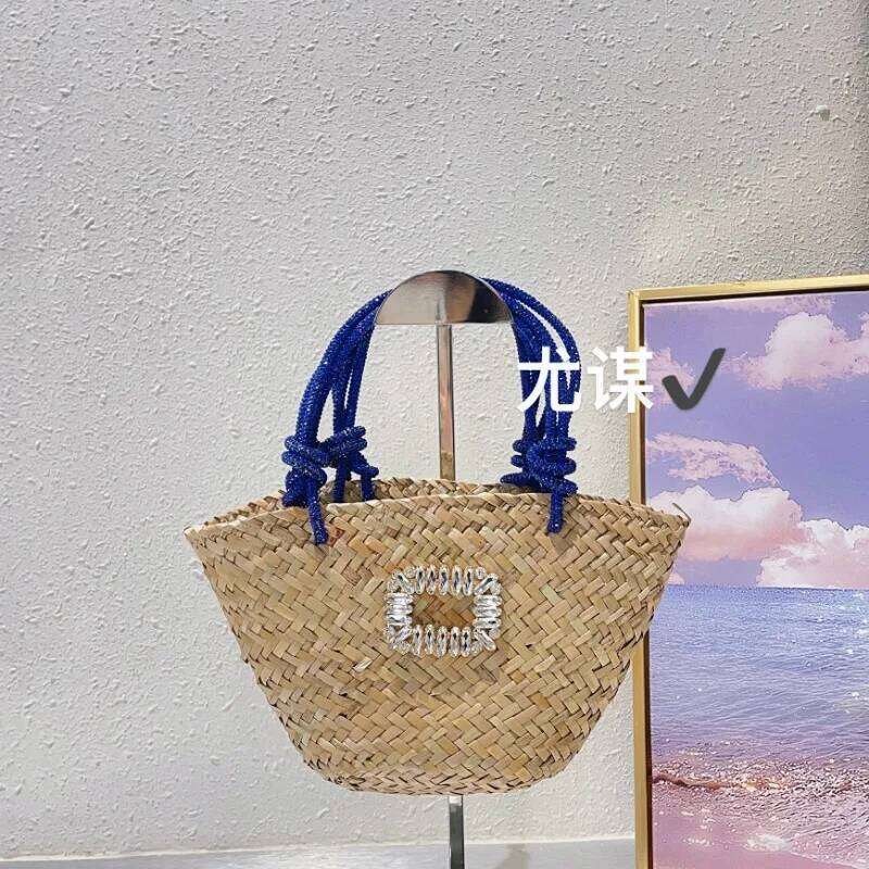 Summer Travel Vacation Handmade Woven Grass Beach Dia Shining Vegetable Basket Shopping Handheld Bag