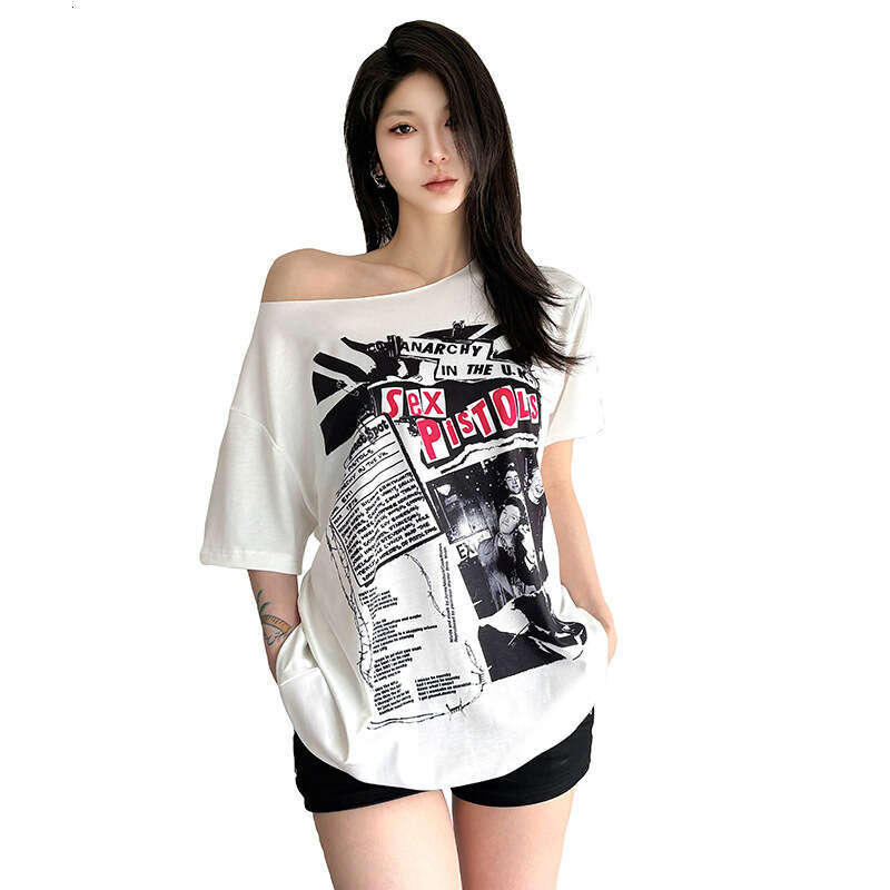2025 Summer INS Style New Trendy Asymmetrical Shoulder Letter Print Loose Versatile T-Shirt Top 9ea