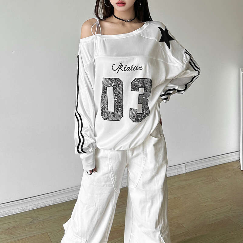 2024 Summer New Women's Solid Color Loose Street Fashion Asymmetrical Neck Long Sleeve Printed Top 133