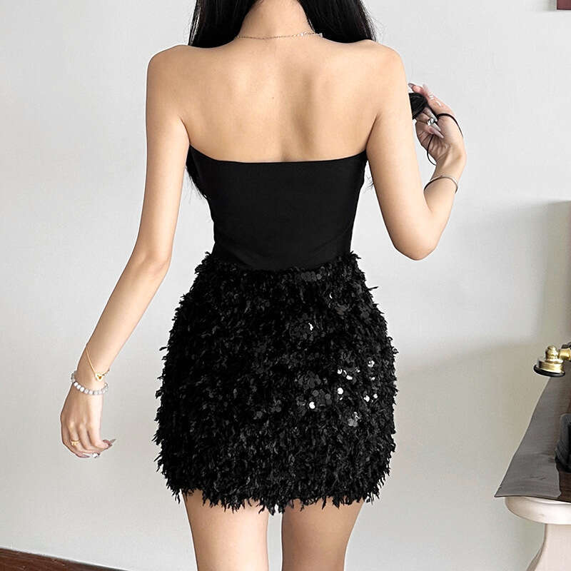 2024 Autumn Winter New Solid Color Sexy Strapless Vest High Waist Bodycon Skirt for Women d7d