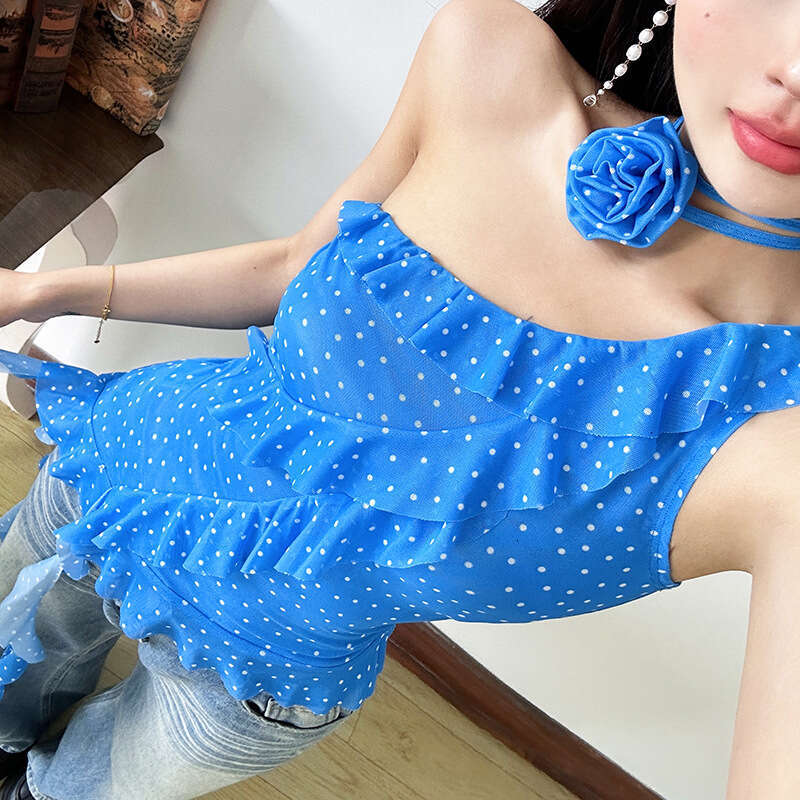 2025 Summer New White Spotted Irregular Ruffle Halter Neck Slim Fit Versatile Camisole cd1