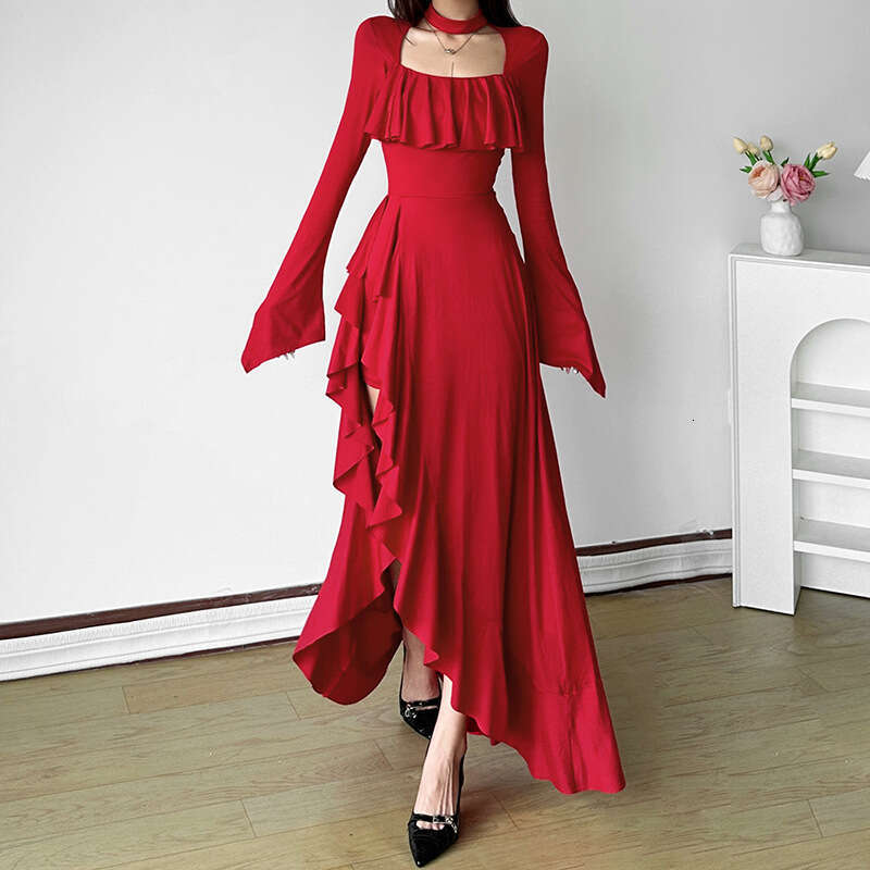 2024 Autumn Winter New Solid Color Sexy Long Sleeve Square Neck High Waist Mid-Length Dress c15