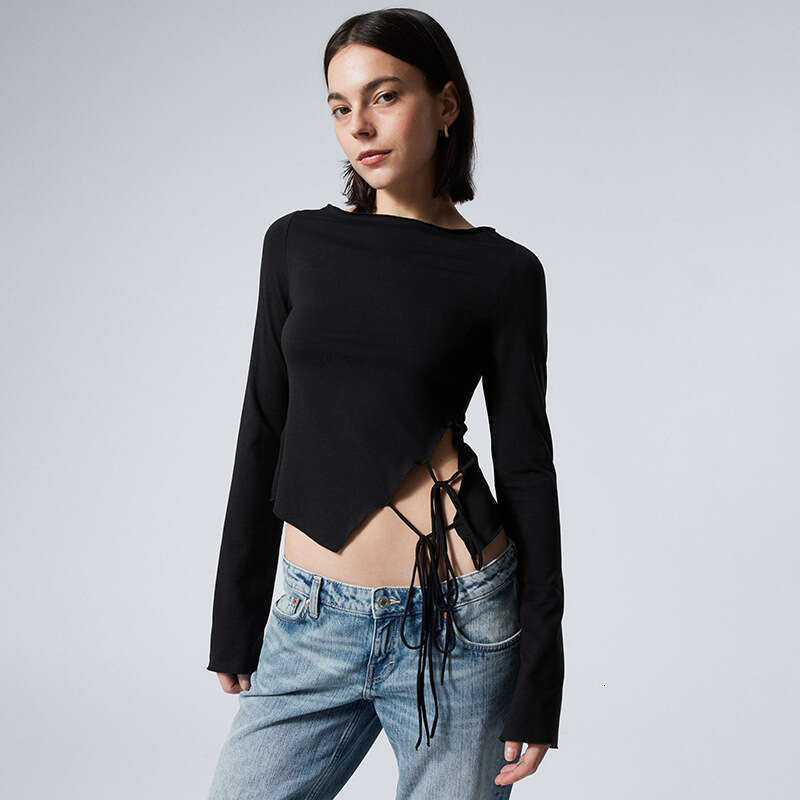 Ytp222 Women's Summer New Pullover Ruffled Solid Color Side Tie T-Shirt Top B5