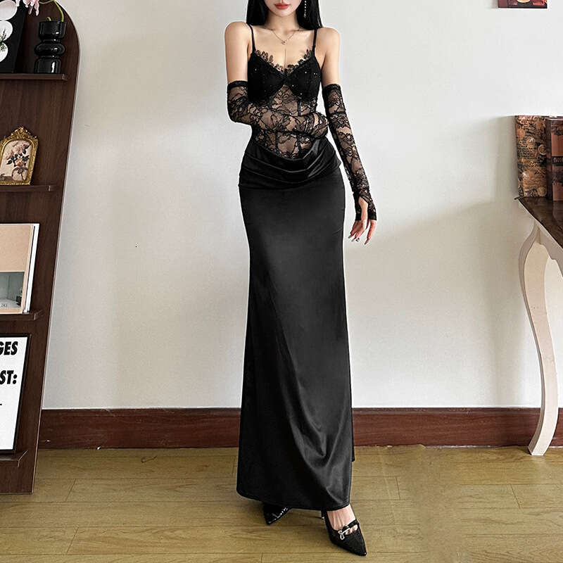 2024 Autumn Winter New Women's Solid Color Slim High Waist Fashion V-neck Strap Mesh Dress b12