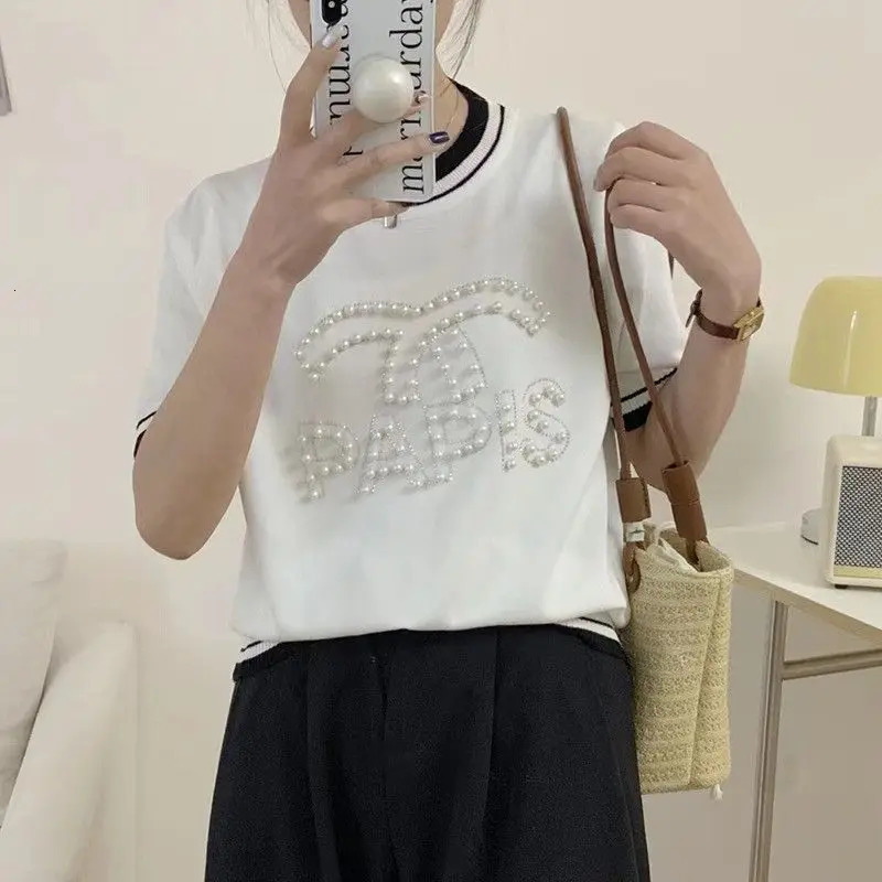 Summer Letter Pearl Embroidery T-shirt Women Vintage Fashion Sweet Casual Loose Tops Thin Breathable Pullovers 250724