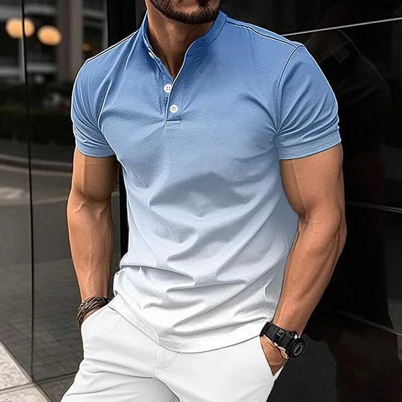 New Men Clothes Summer Stand Collar Short Sleeve Gradient Color Polo Shirt Men Casual Elasticity Comfortable Tops Polo Shirt XJ250725