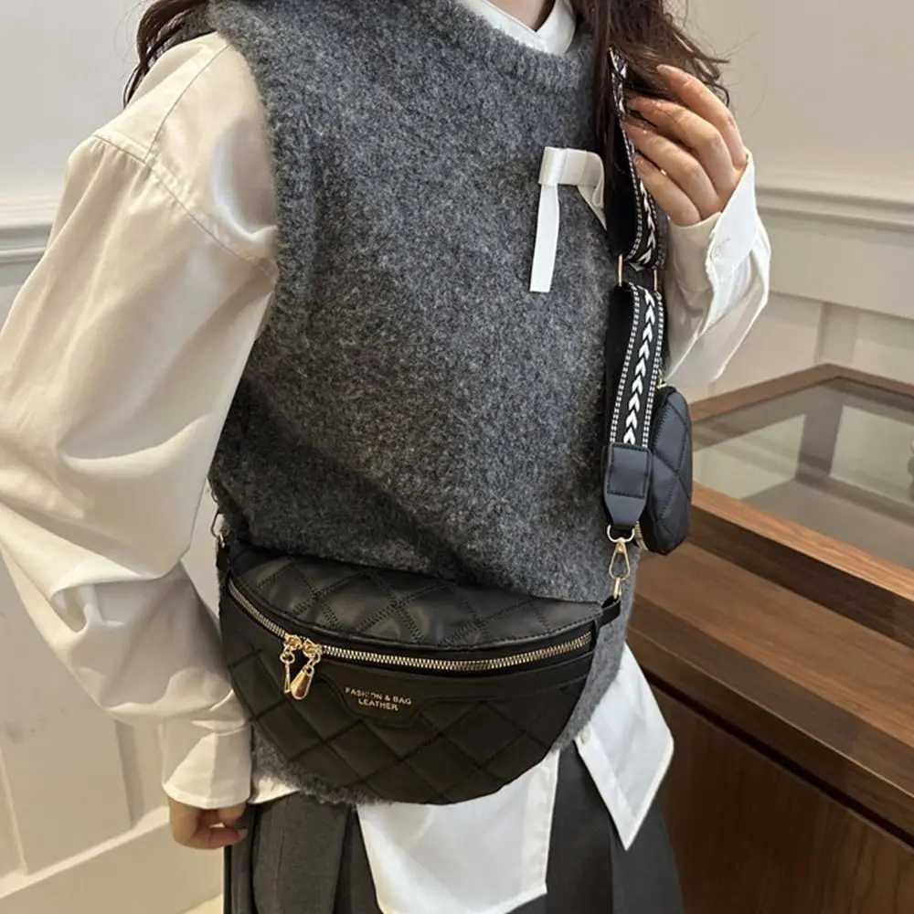 PU Leather Crossbody Bag Woven Latt Pattern Wide Strap Shoulder Bag Stylish Chain Zipper Waist Belt Bags For Women Y250724