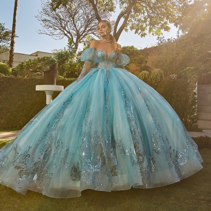 Blue Shiny Quinceanera Dresses Ball Gown Off The Shoulder Applique Lace Beads Tull Corset Party Birthday Sweet 16 Dress Vestidos 15 Anos
