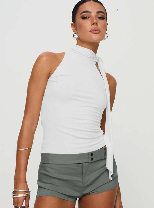 Dtp380 Women's Summer New Solid Color Sleeveless High Neck Tie Ribbon T-Shirt Top B5