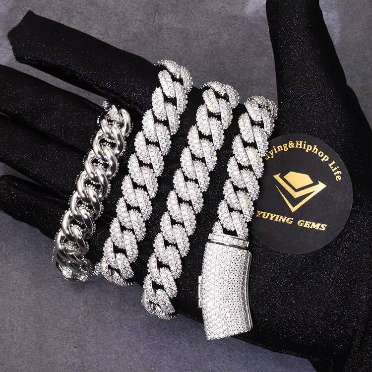 Pass Diamond Test Fine Jewelry 13mm Iced Out Prong Cuban Link Chain 925 Silver Hip Hop Moissanite Set Diamond Cuban Chains