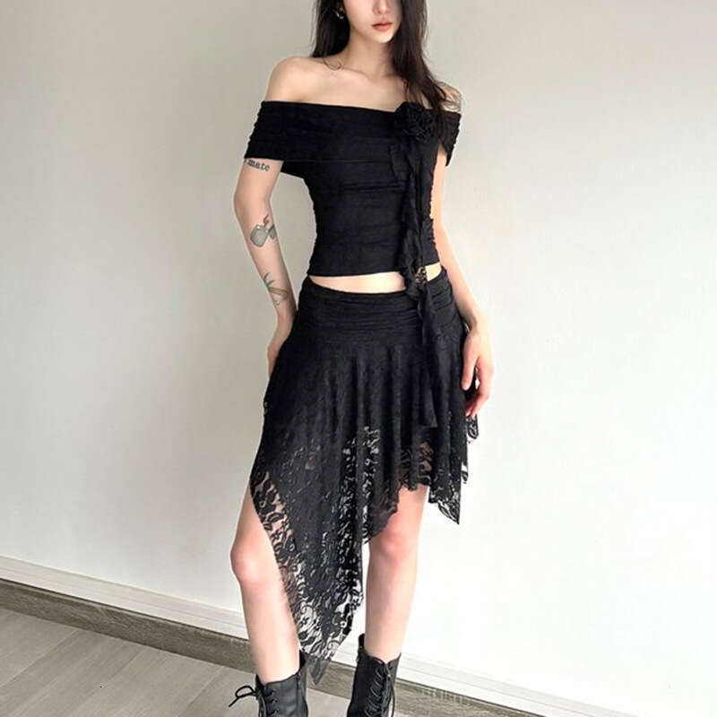 2025 Summer New Hot Girl Lace Off-Shoulder Top with Irregular Ribbon Half Skirt for Women 146