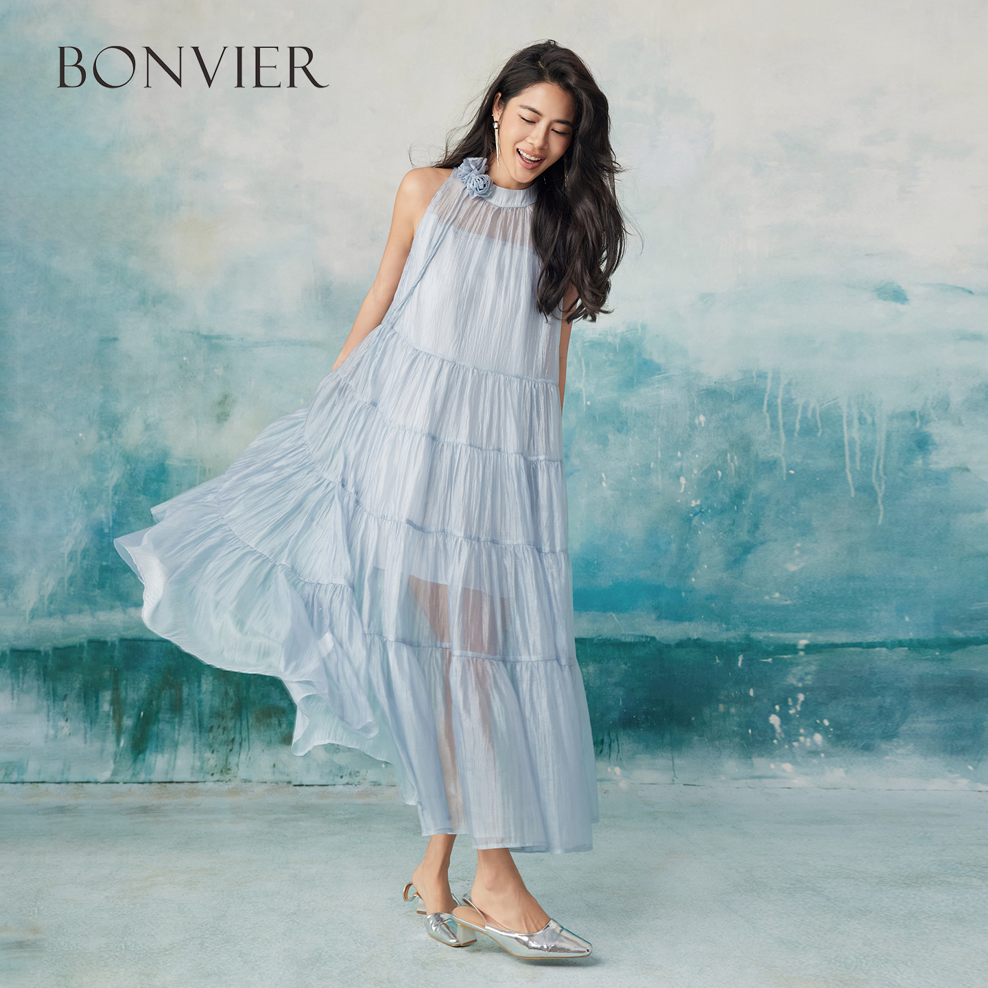 2025 summer new three-dimensional flower temperament cake skirt elegant long skirt holiday style sky blue halter neck skirt 6116808