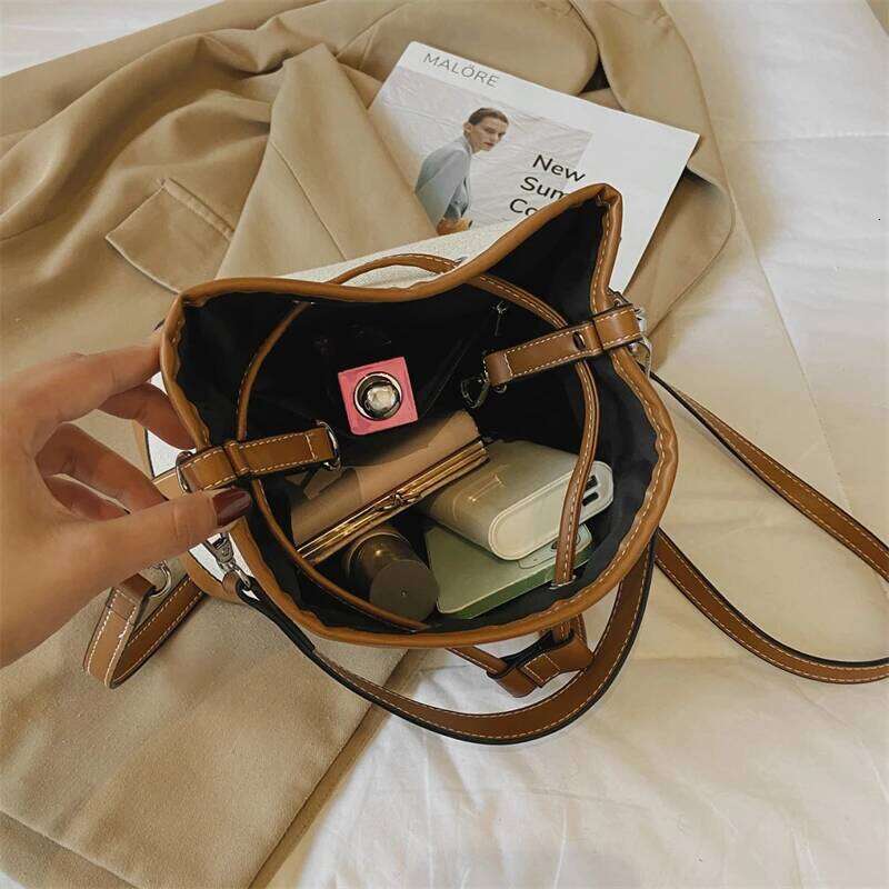 Contrast Color Drawstring Bucket for Women Autumn New Fashion Canvas Handbags Large Capacity Crossbody Tote Shopper Bag