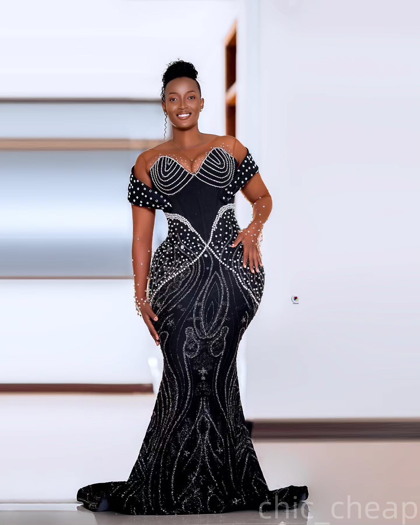 Mermaid Black Prom Dresses 2025 Pearls Crystals Sequined Sheer Neck Evening Formal Party Second Birthday Engagement Gowns Plus Size Dress For Special 