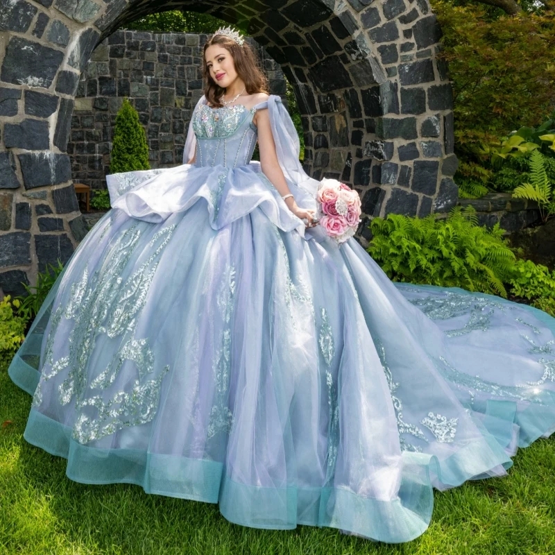 Light Green Shiny Quinceanera Dresses Off Shoulder Ball Gown Sweet 16 Dress Applique Lace Beads Tull Birthday Party Vestidos De 15 Anos