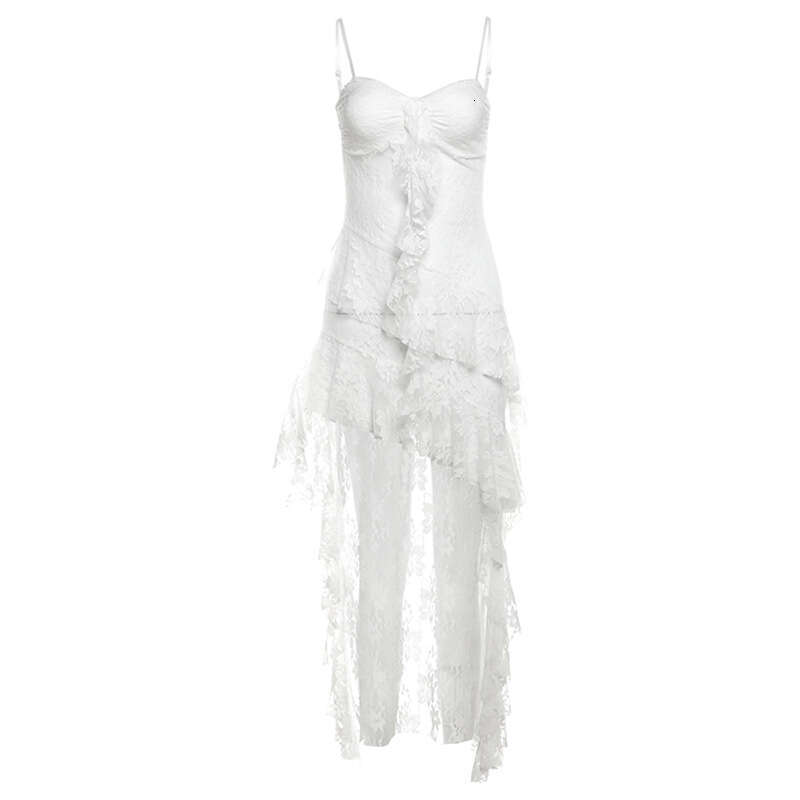 2024 Summer New Women's Solid Color Slim Fit High Waist Fashion Spaghetti Strap Backless Lace Dress 270