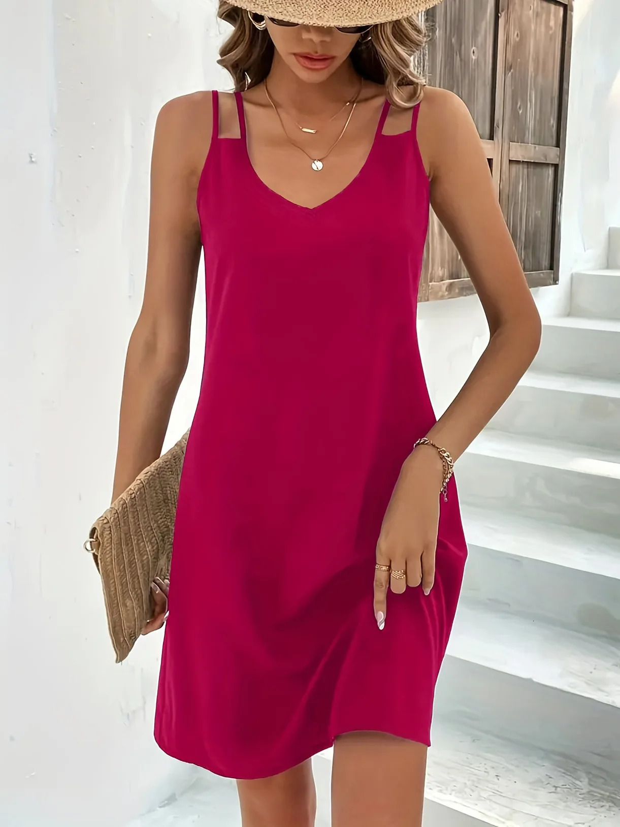 2024 Summer Fashion Solid V Neck Hollow Dress Double Straps Elegant Bodycon Sleeveless Vestidos 250717