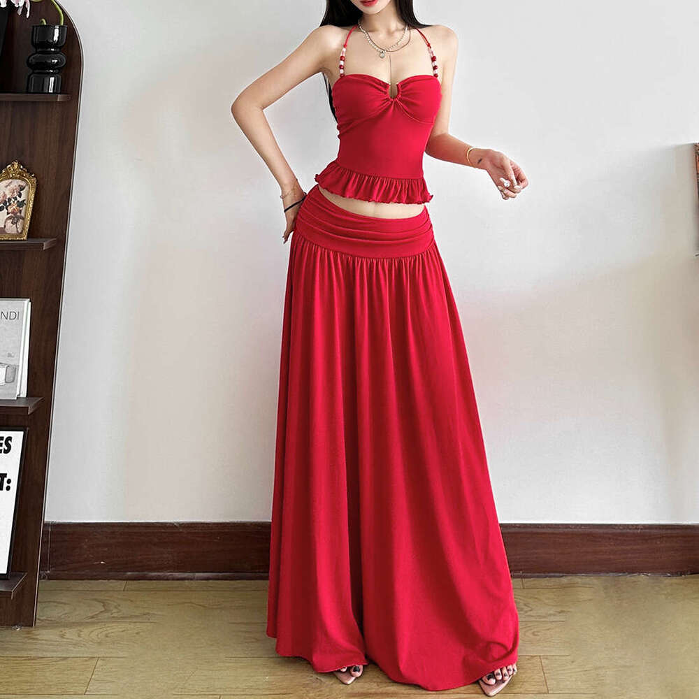 2025 Summer New Beach Vacation Solid Color Waist-Cinching Elegant French Halter Neck Crop Top Slim Fit Set eff