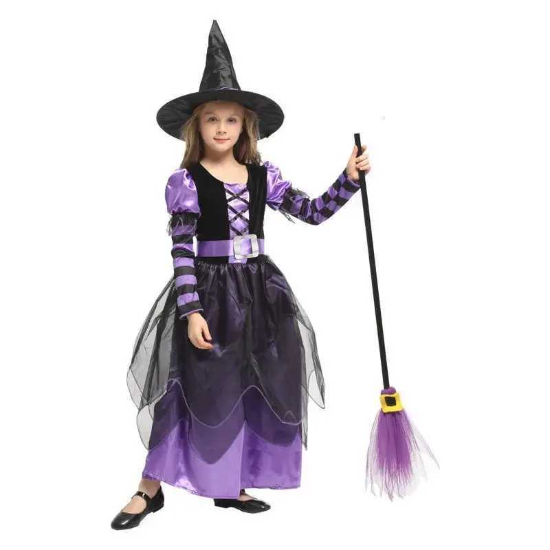 Halloween Par Costumes Purple Witch Dress for Girls Kids Mesh Long Sleeves Carnival Witch Clothes Cosplay Dress Hat Broom Suit Z250725