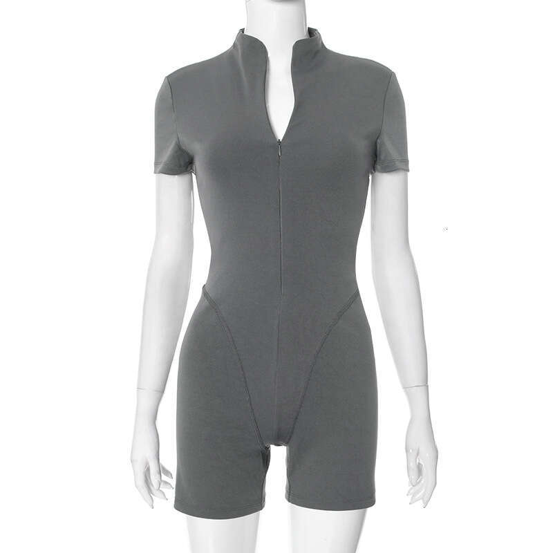 Yrp705 Women's Spring And Summer New Solid Color Half High Collar Tight Sexy Zipper Jumpsuit Shorts B5